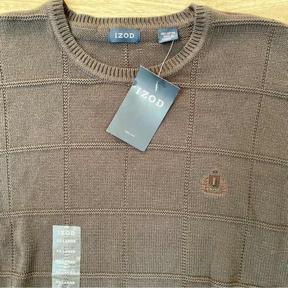 Izod Sweater Men’s 2XL Brown Designer Classic Heavy Casual Crew Neck Box Pattern - Picture 5 of 9